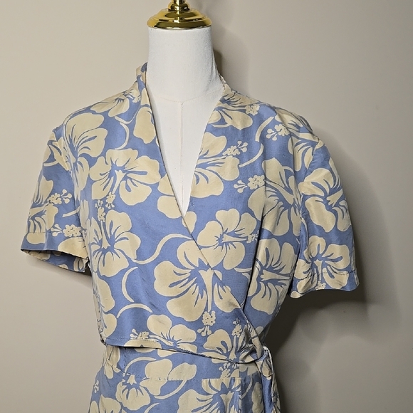 Vintage Donna Morgan Blue Cream Hawaiian Floral Wrap Dress Silk Tropical Midi - Picture 3 of 8